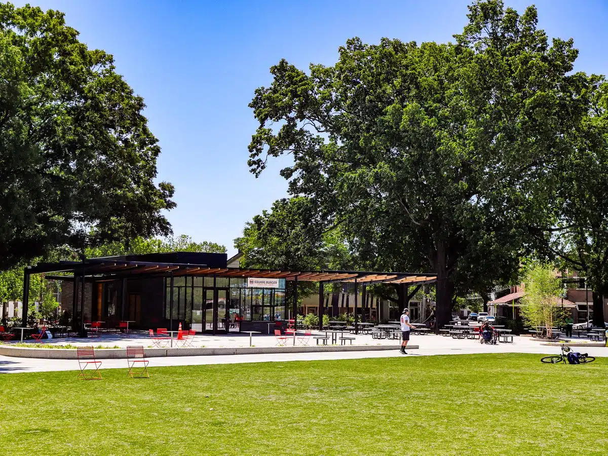 Moore Square Revitalized: A Glimpse into the Renovated Pavilion and Greenery.