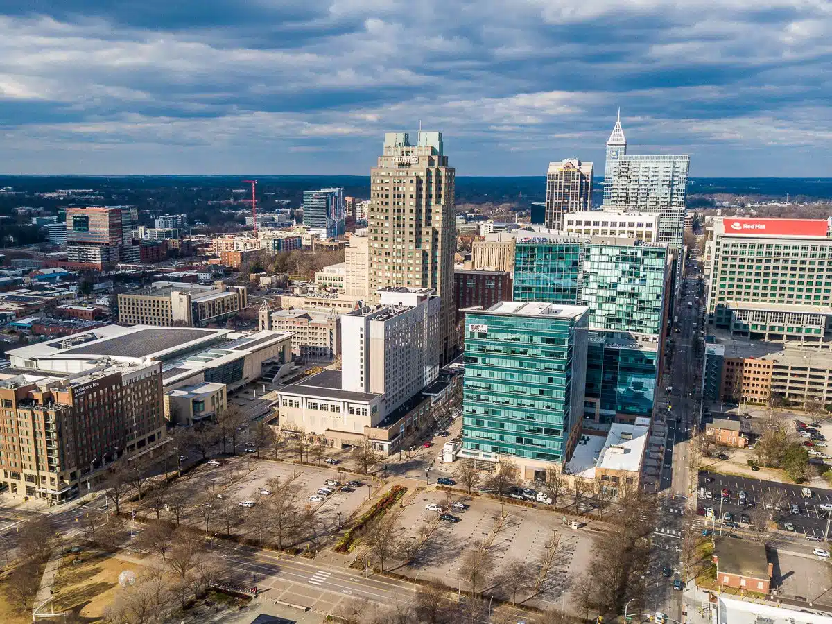 Aerial view of downtown Raleigh, showcasing its mix of cultural and entertainment venues.