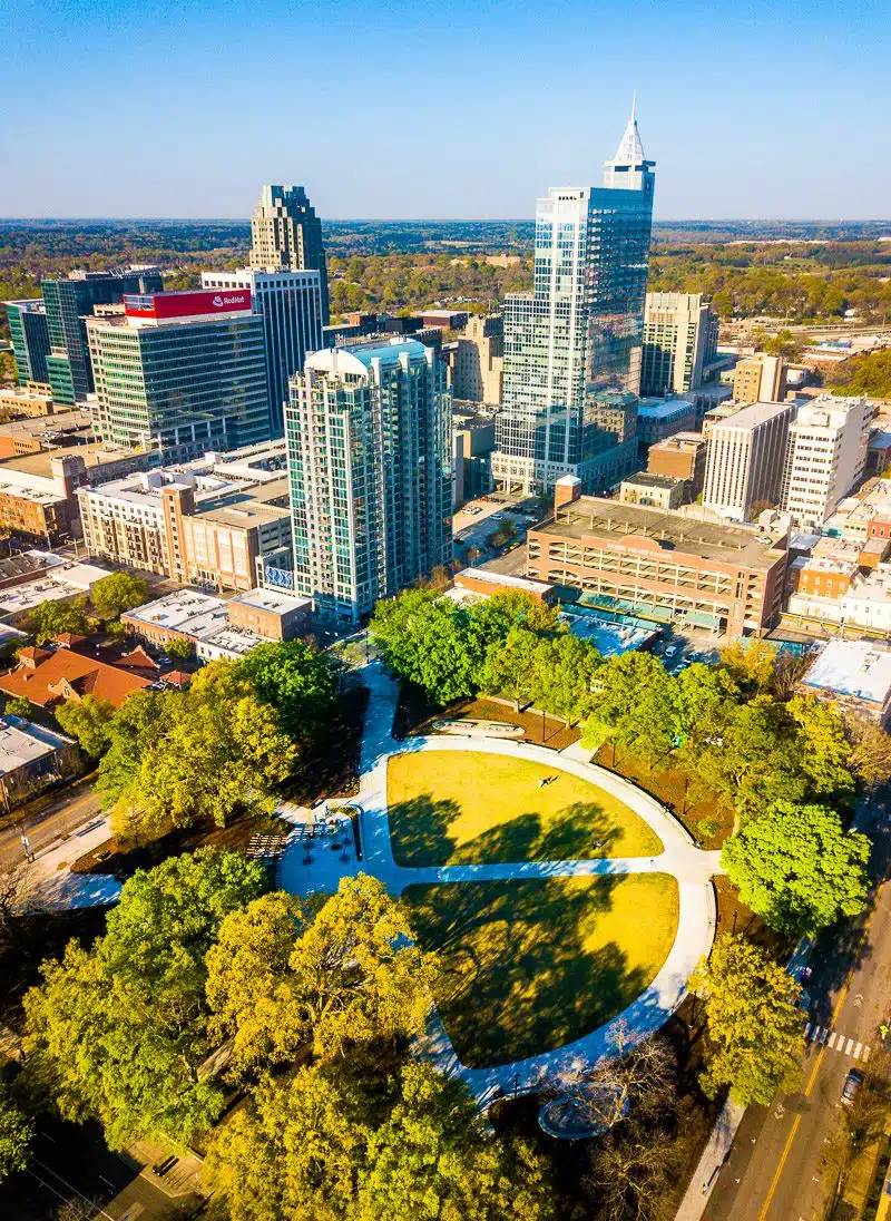 Drone view of Moore Square, a central piece of downtown Raleigh's lively attractions.